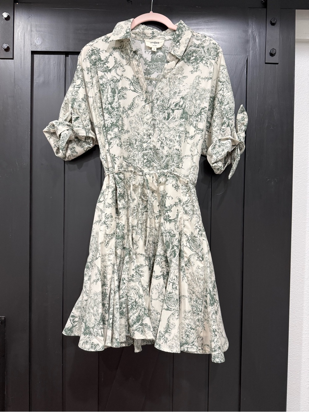 Umgee Cream and Green Printed Mini Shirt Dress